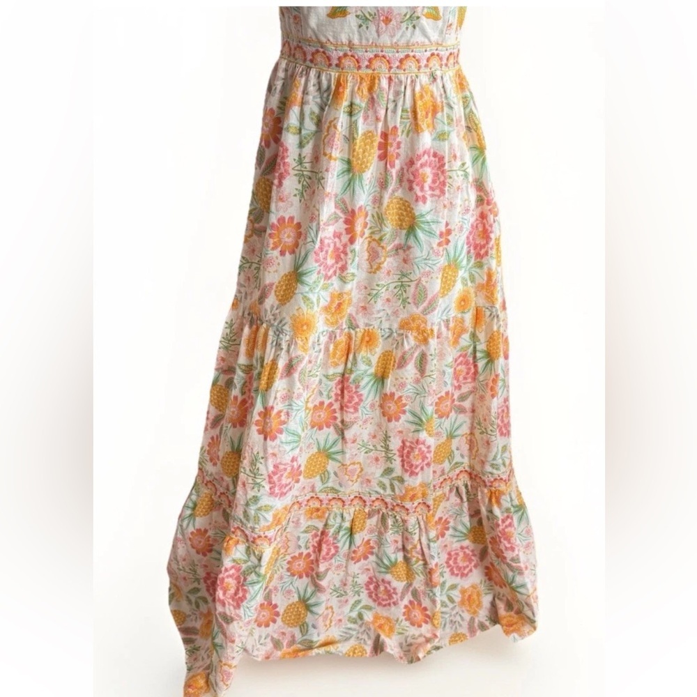 Rachel Zoe Floral Boho Tiered Ruffle Maxi Dress Pineapple Tropical Cotton Size 4 - Picture 5 of 14